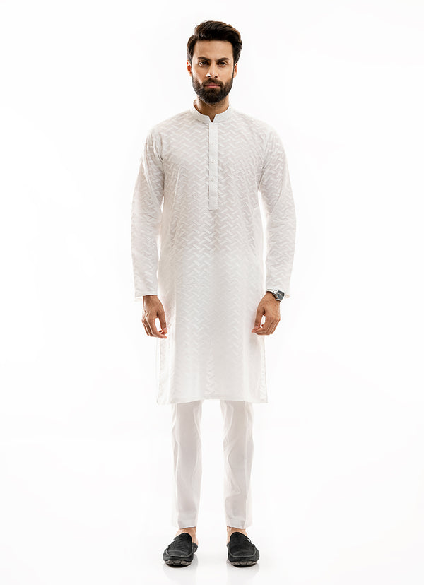 White Self Embroidered Schiffli Cotton Kurta