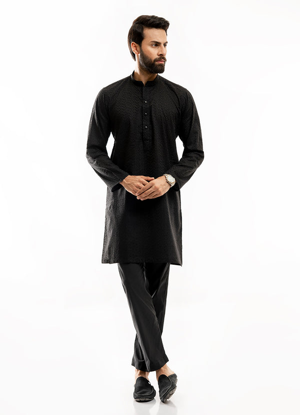 Schiffli Embroidered Black (leaf pattern), 100% Cotton Short Kurta