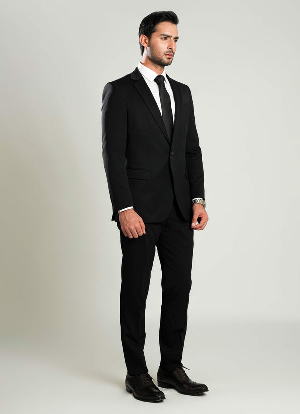 Lawrencepur black plain 2-piece formal suit in wool-rich IMP Garment fabric.