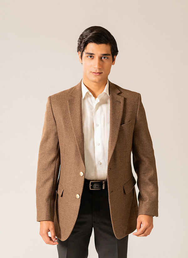 Brown Self Textured Worsted Tweed Wool Rich Classic Blazer