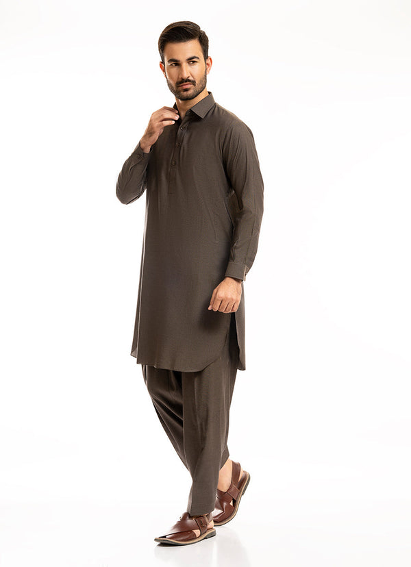 Chocolate Brown Bird Eye Yarn Dyed Textured Shalwar Kameez