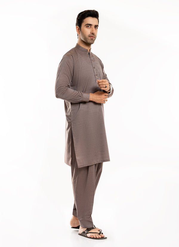 Self Textured-Medium Brown, Yarn Dyed Melange Cotton Shalwar Kameez