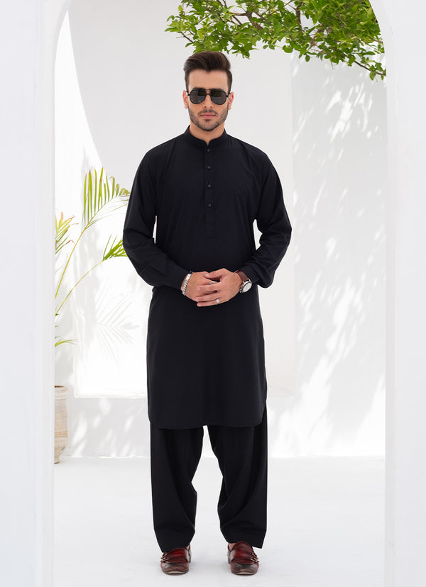 Plain Black Satpara Shalwar Kameez