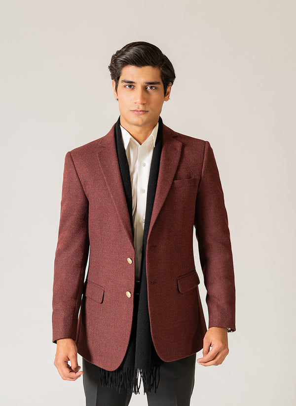 Maroon Plain Worsted Tweed Wool Rich Classic Blazer