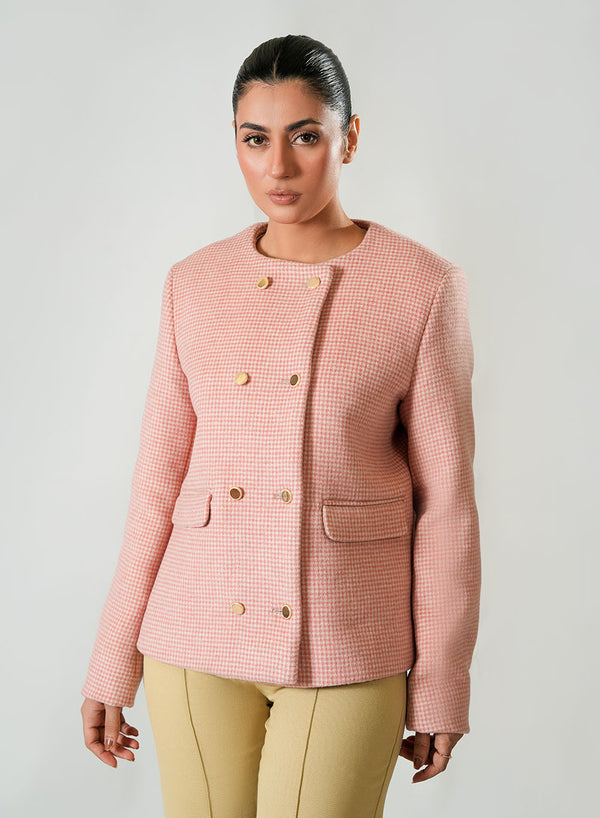 Pink and white checked woolen fleece jacket for women, perfect for winter