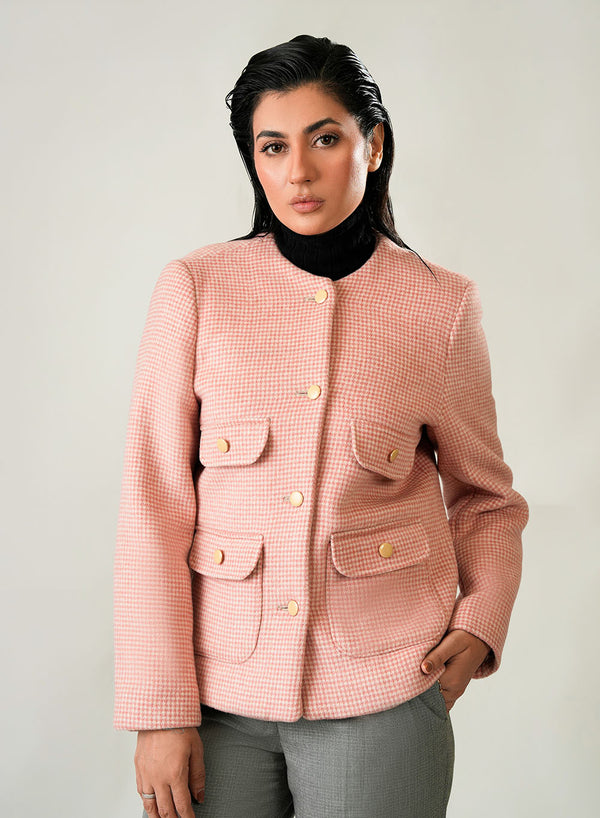 Pink and white checked woolen fleece jacket for women, perfect for winter