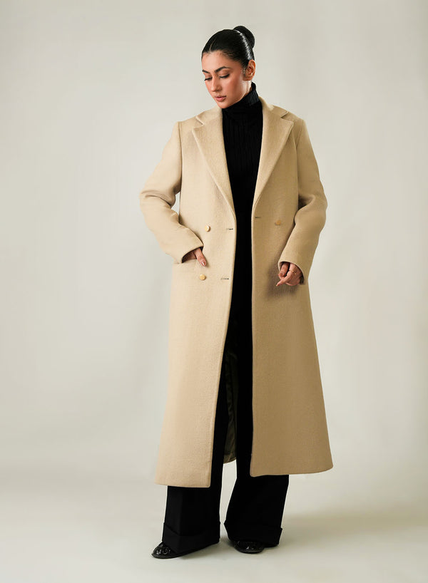 Chic beige plain long winter coat for ladies, made from woolen fleece