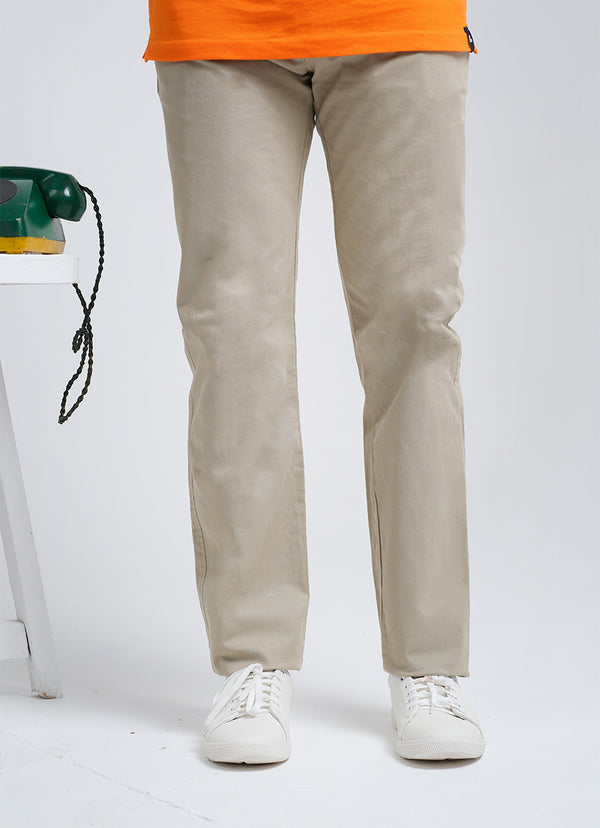 Beige Plain Cotton Stretch Chino Trouser