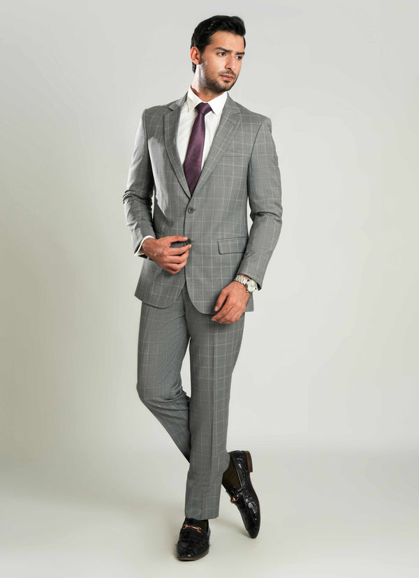 Lawrencepur slate grey checkered 2-piece formal suit in wool-rich fabric.