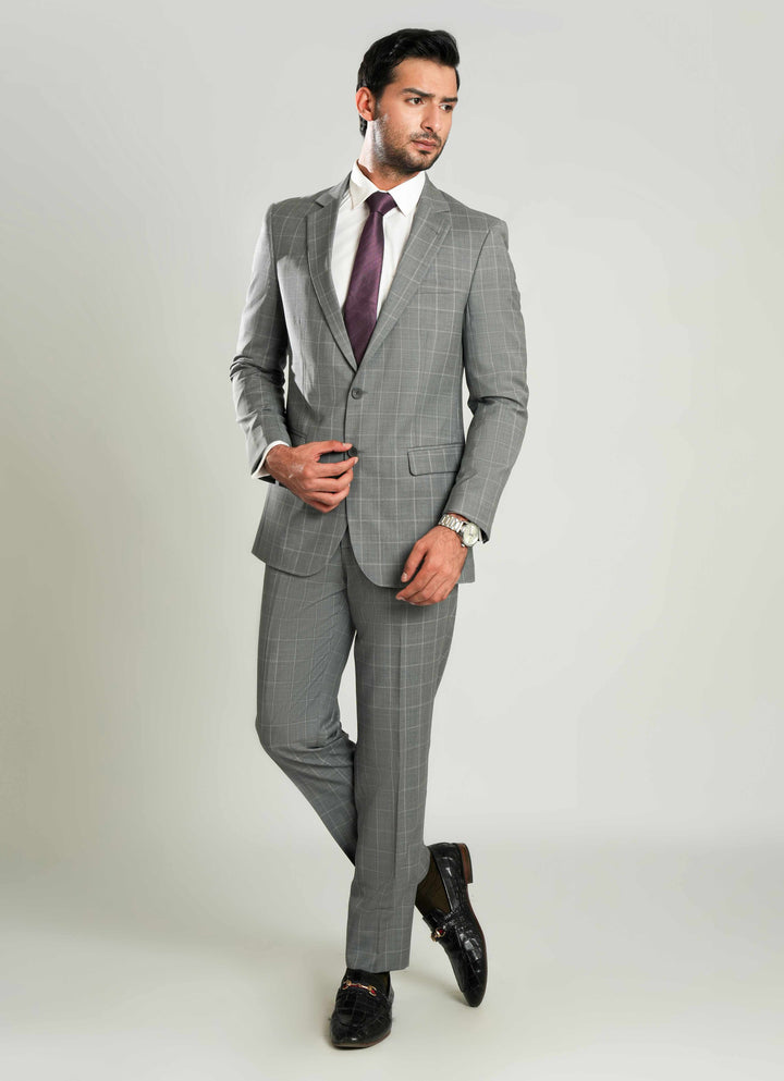 Lawrencepur slate grey checkered 2-piece formal suit in wool-rich fabric.