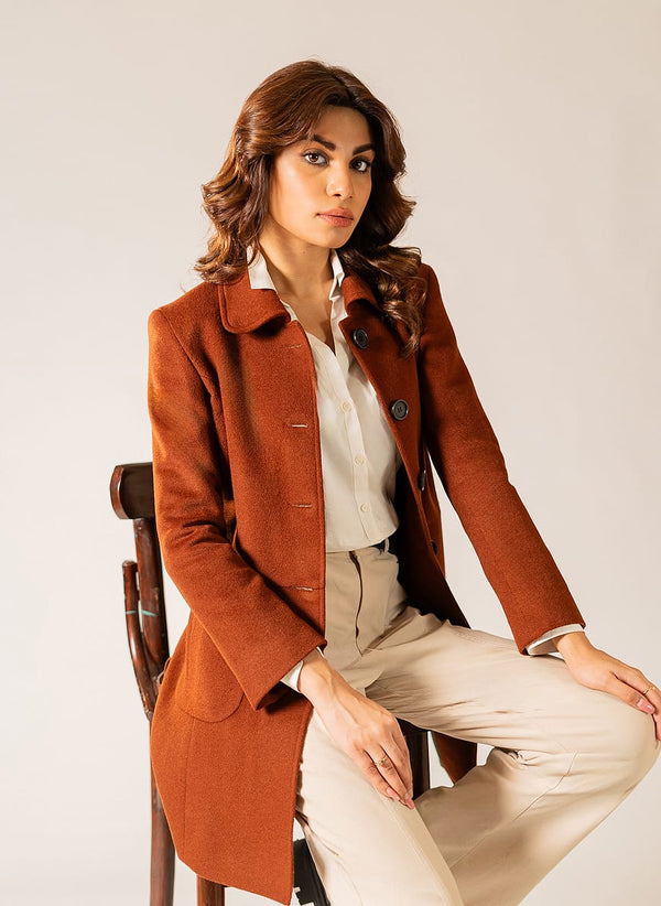 Ladies Long Coat - Woolen Fleece Camel Brown Plain