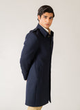 Herringbone Textured Bluish Grey Worsted Tweed Long Coat