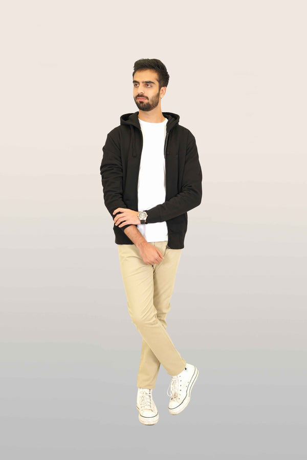 Zipper Hoodie - Woolen Fleece Black Plain