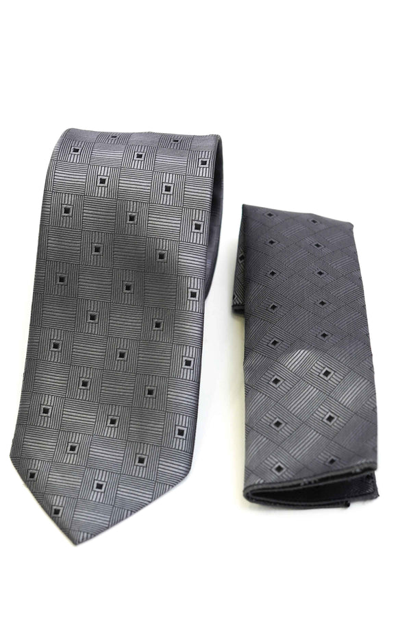 Tie & Pocket Square - Rich Silk Silver Grey Checks