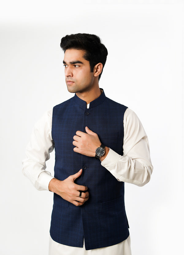 Checked Navy Blue Dedum Poly Wool Waist Coat