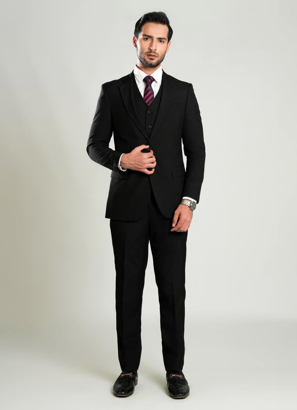 Lawrencepur black plain 3-piece suit in Tropical Classic poly-wool fabric.