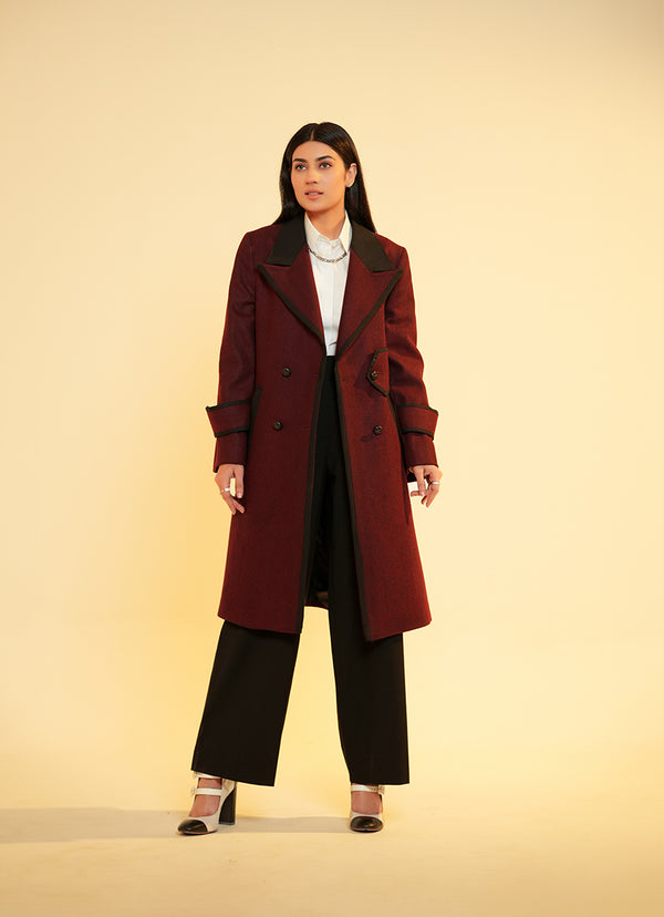 Ladies Trench Coat - Maroon Plain