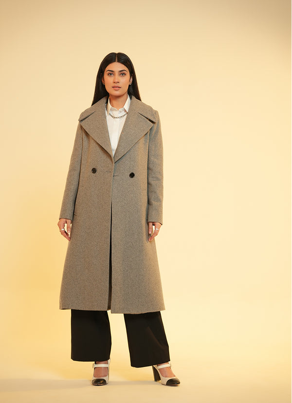 Ladies Long Coat Large Lapel Collar Light Grey Plain