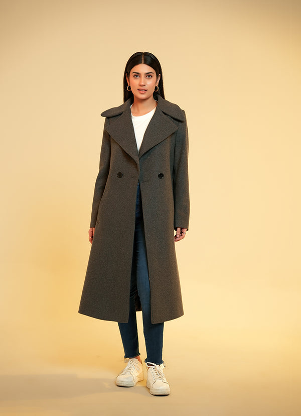 Ladies Long Coat Large Lapel Collar Grey Plain