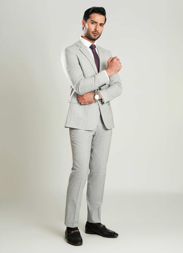 Lawrencepur light grey plain formal 2-piece suit in wool-rich fabric for all seasons.