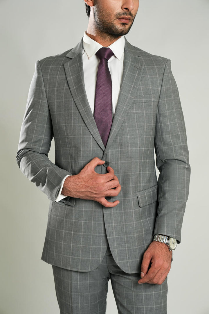 Slate Grey Checks 2-Piece Formal Suit - Wool Rich IMP Garment, Men’s Suit