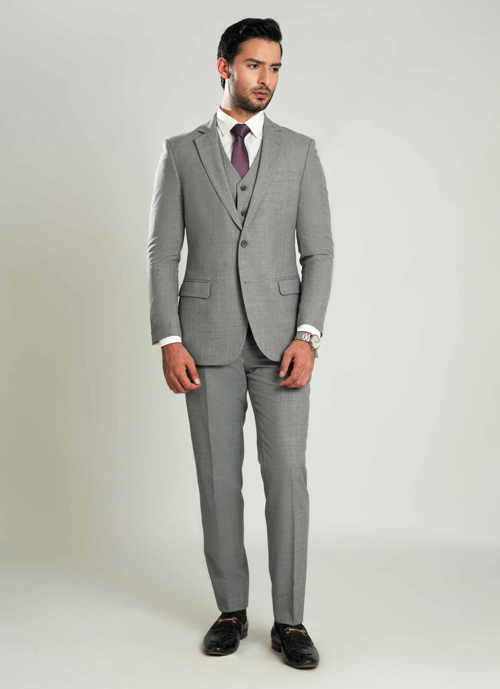 Lawrencepur grey plain 3-piece suit in Tropical Classic poly-wool fabric.