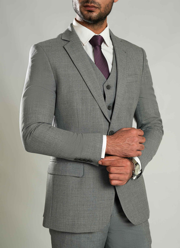 Grey Plain 3-Piece Suit - Tropical Classic Poly Wool, Men’s Formal Wear