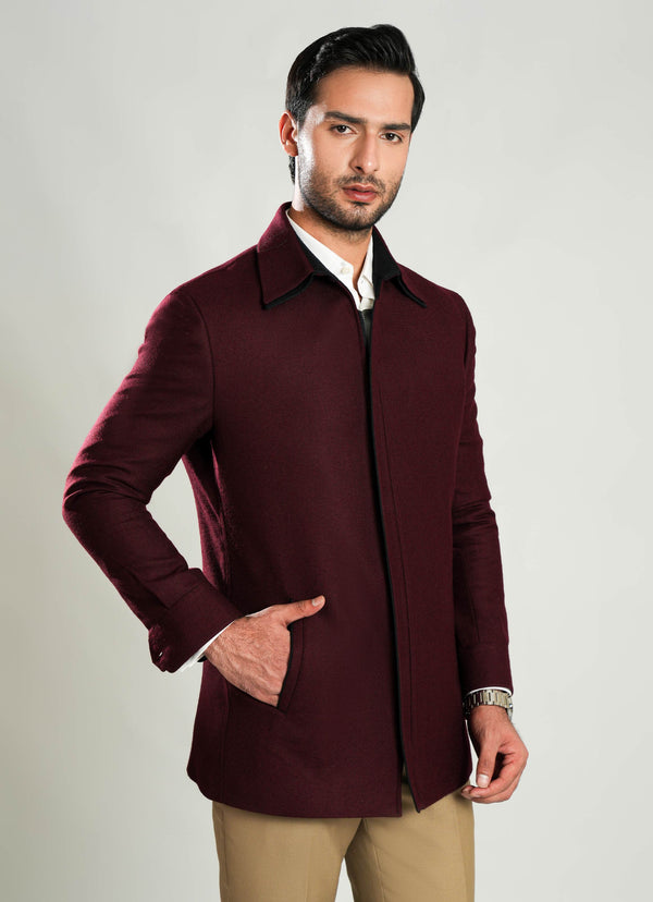 Lawrencepur men's maroon plain tweed jacket with double collar