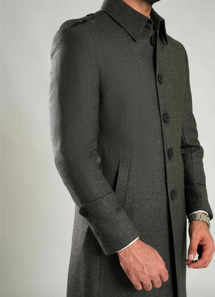 Checkered Long Coat - Wool Rich Worsted Tweed, Winter Men’s Jacket