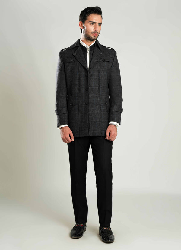 Lawrencepur grey and black checkered worsted tweed double jacket for winter.