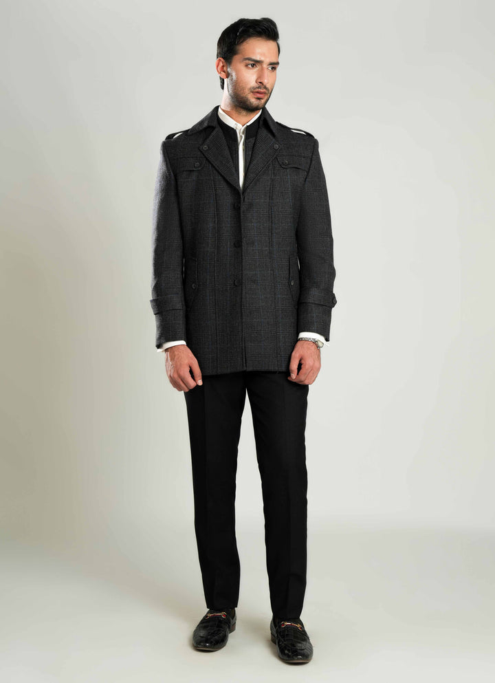 Lawrencepur grey and black checkered worsted tweed double jacket for winter.