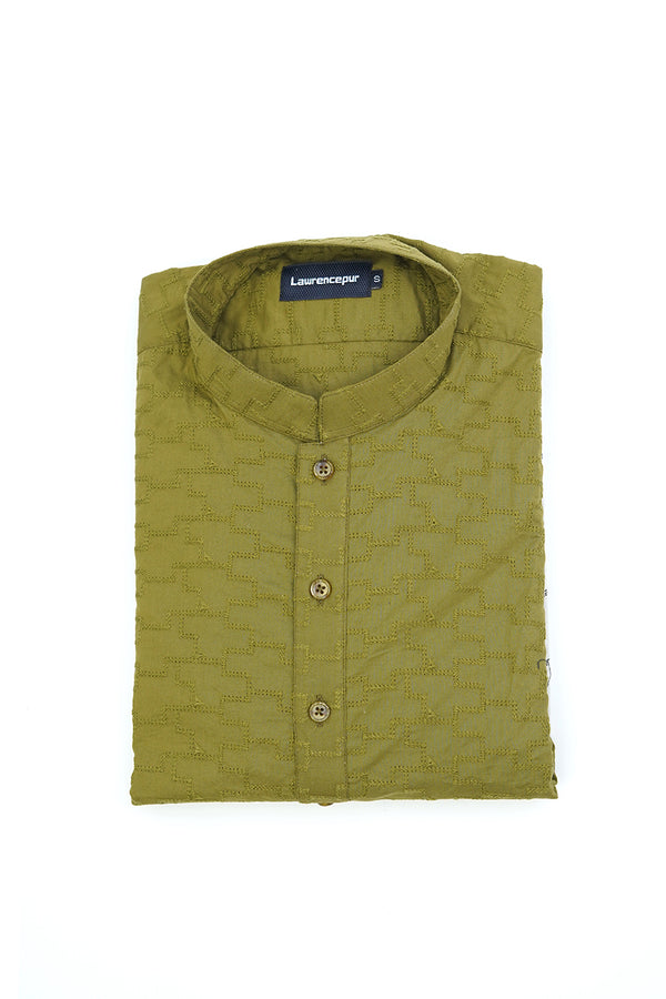 Short Kurta - Self Embroidery Cotton Olive Green Design