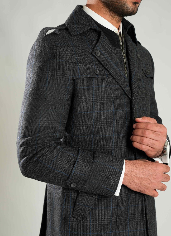 Grey & Black Checks Double Jacket - Wool Blend Tweed, Winter Men’s Coat