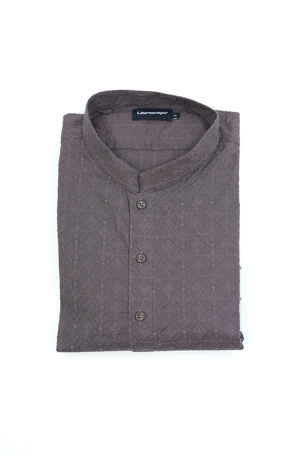 Short Kurta - Self Embroidery Cotton Chocolate Brown Design