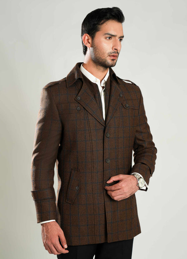 Lawrencepur brown windowpane check worsted tweed double jacket for winter.