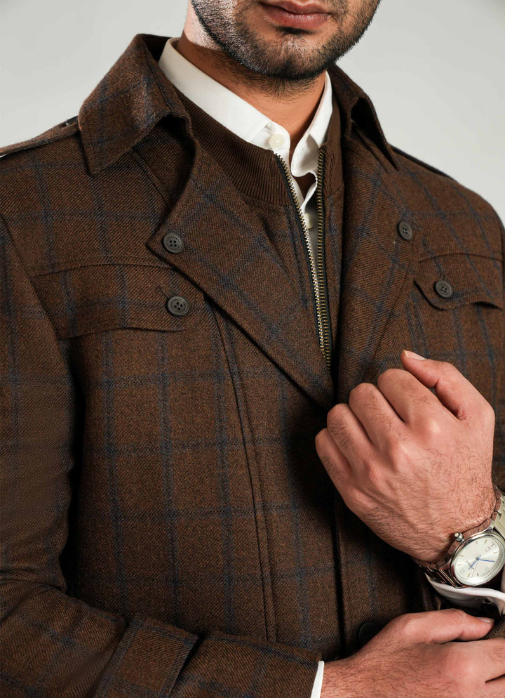 Brown Windowpane Checks Double Jacket - Wool Blend Tweed, Winter Coat