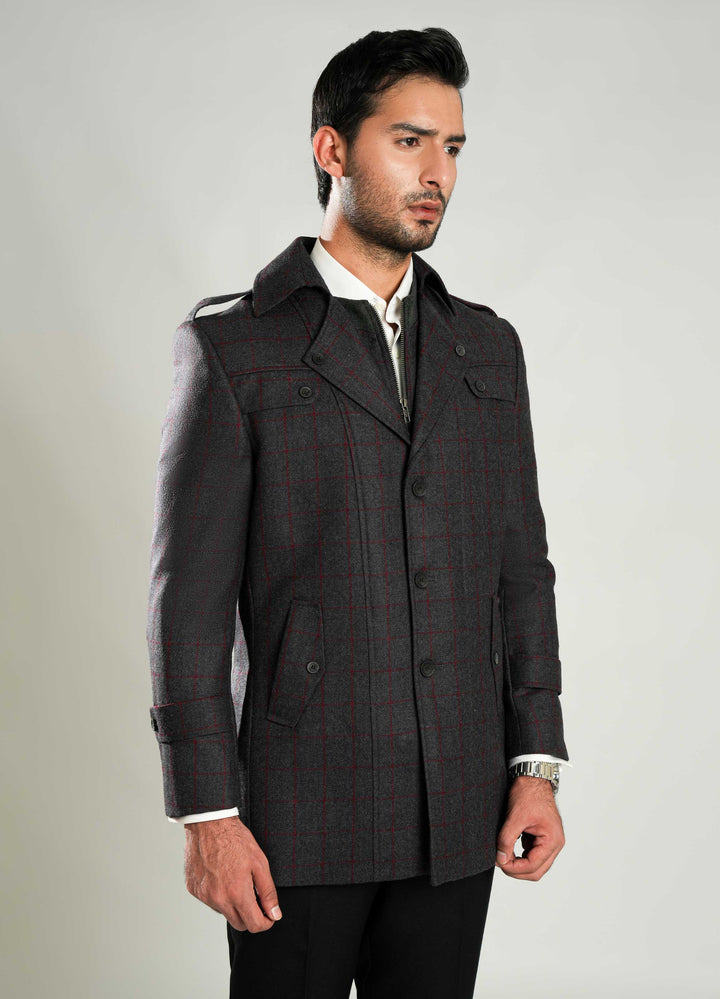 Lawrencepur medium grey checkered worsted tweed double jacket for winter.