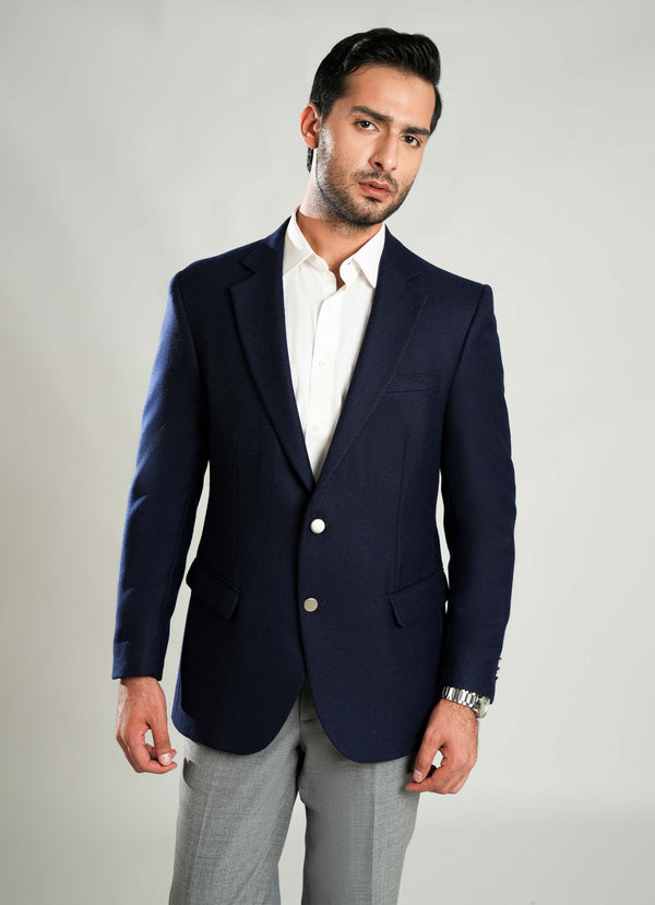 Lawrencepur bluish grey herringbone textured worsted tweed blazer for men.