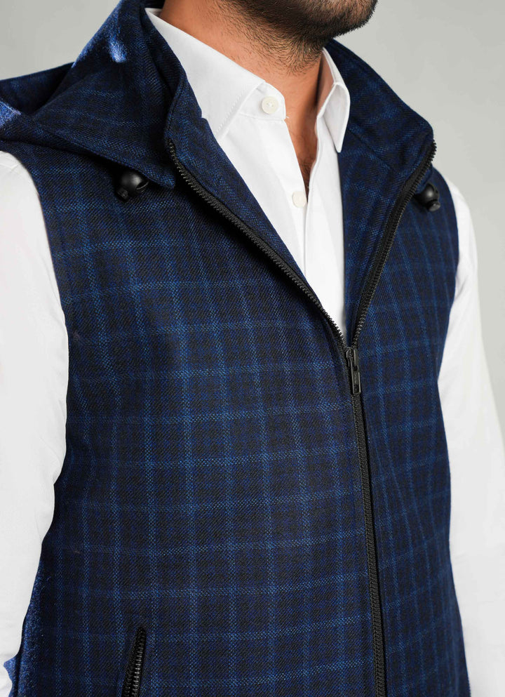 High Neck Sleeveless Hoodie - Worsted Tweed Checks, Winter Men’s Layer
