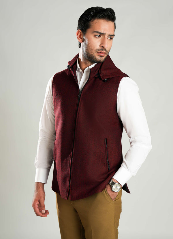 Lawrencepur maroon herringbone worsted tweed high neck sleeveless hoodie.