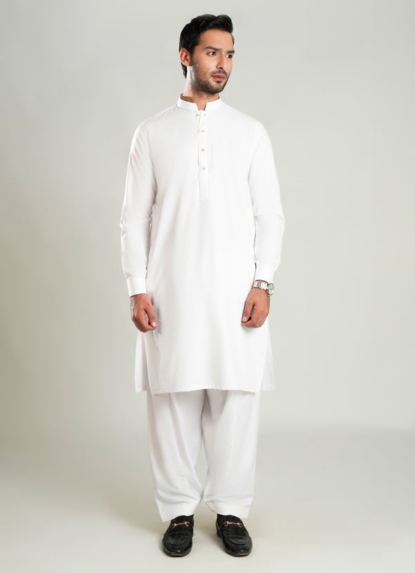 Lawrencepur Zhob white plain shalwar kameez in poly-viscose for winter.
