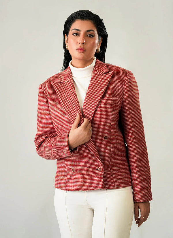 Red and white checked woolen fleece jacket for women, winter fashion