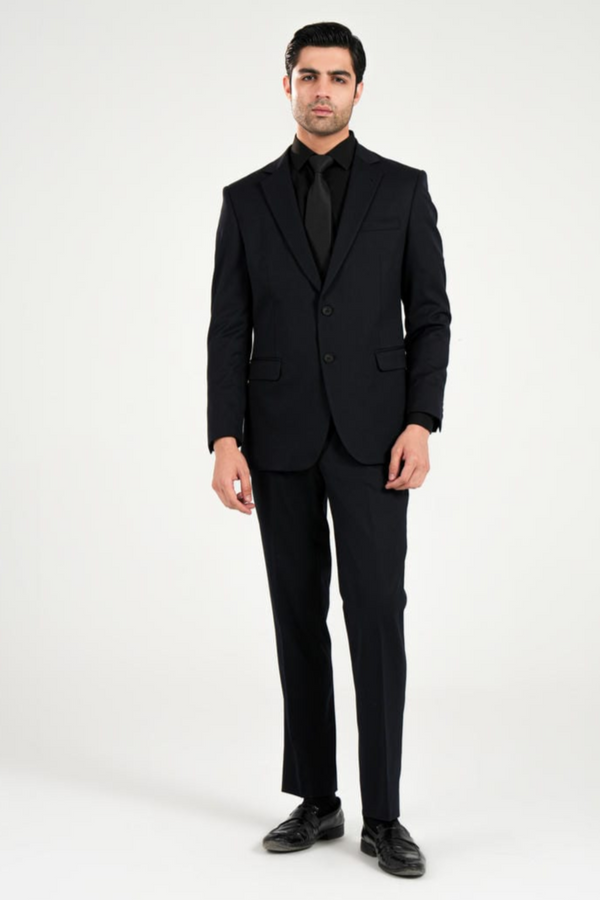 Lawrencepur navy blue plain 2-piece formal suit in wool-rich IMP Garment fabric.