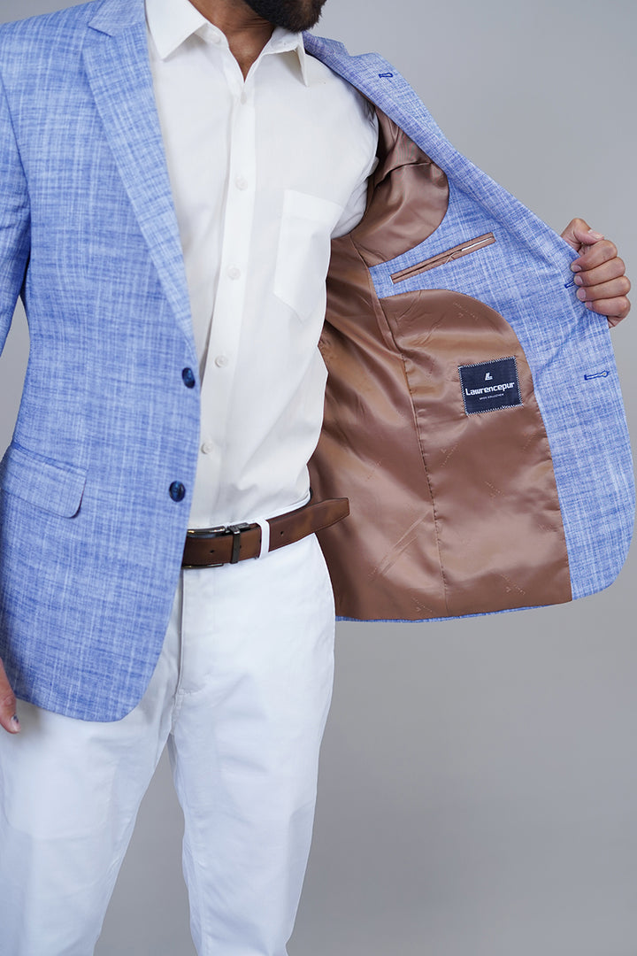 Close-Up of Blue Linen Blazer Fabric – Wrinkle-Resistant