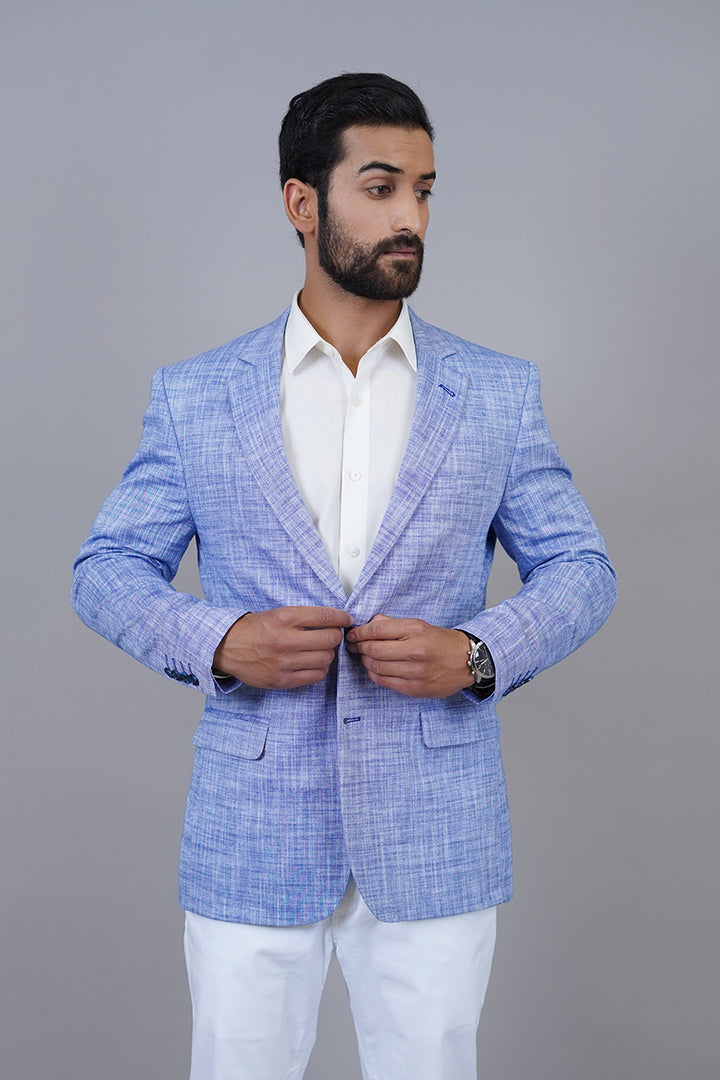 Blue Textured Blazer Side View – Tailored Fit