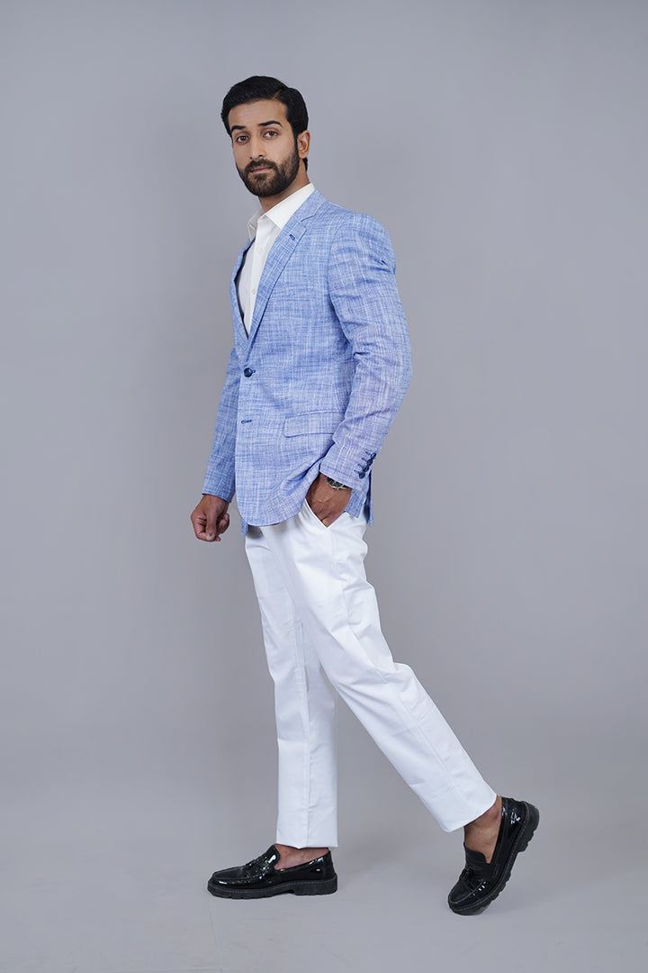 Blue Linen Blazer Back Detail – Premium Stitching