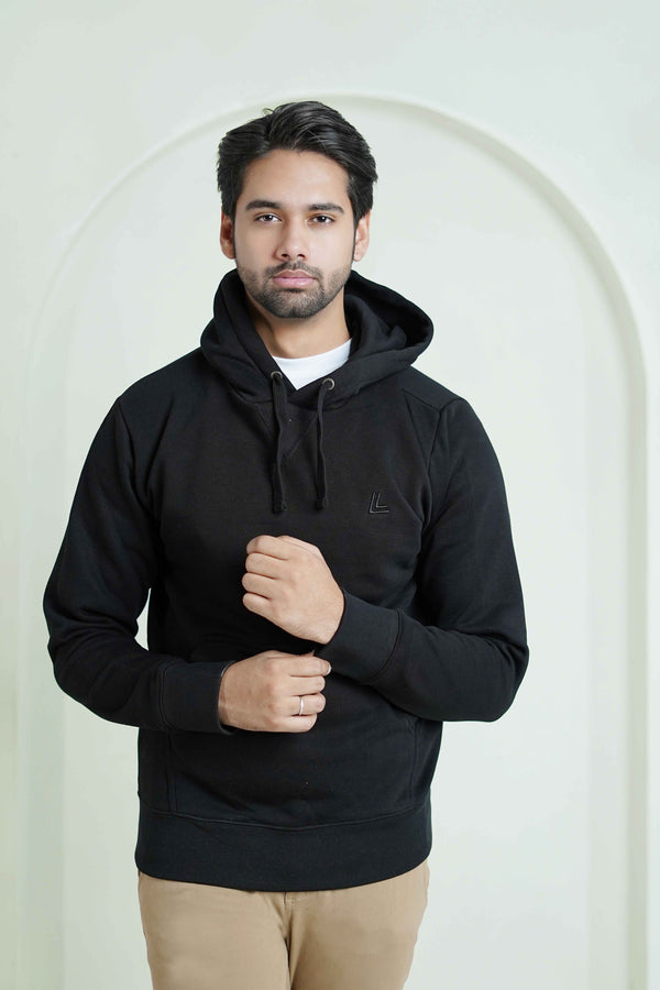 Black Plain Fleece Pull Over Hoodie