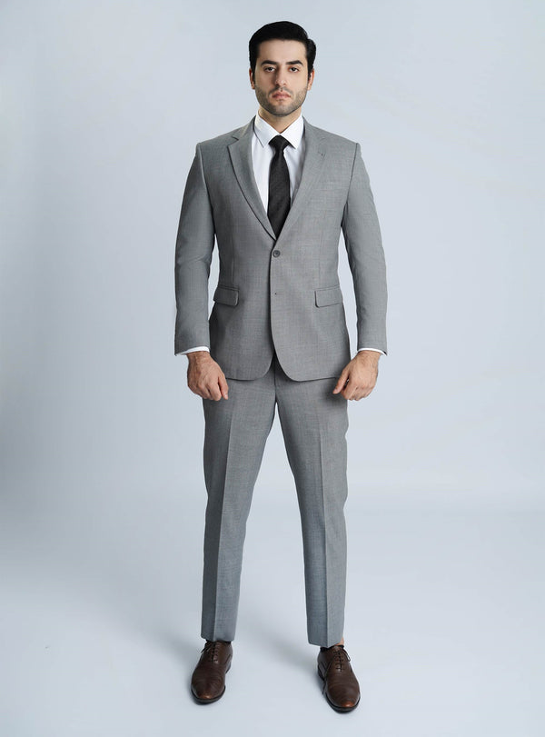 Lawrencepur medium grey wool-rich Tropical Classic 2-piece formal suit for men.