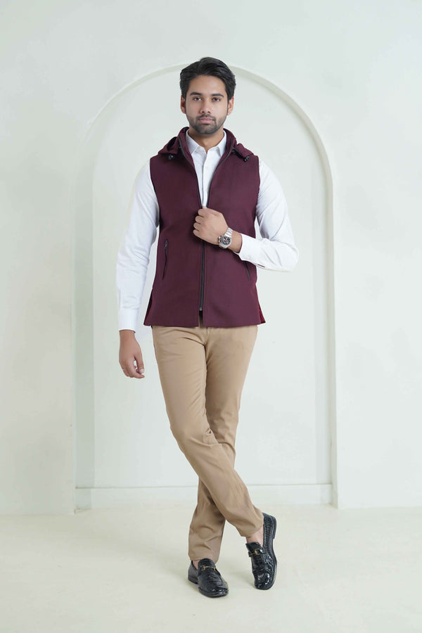 Plain Twill-Maroon, Wool Rich, Worsted Tweed High Neck Sleeveless Hoodie