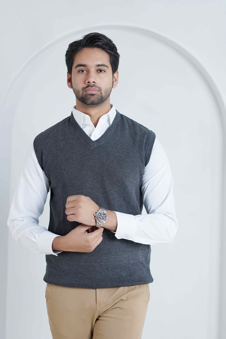 Sleeveless V-Neck Charcoal Grey Sweater - Cotton